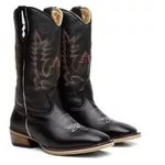 Bota Texana Masculina Bico Quadrado Cano Padrão Couro Legítimo Floater Preto Salto Carrapeta