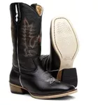 Bota Texana Masculina Bico Quadrado Cano Padrão Couro Legítimo Floater Preto Salto Carrapeta