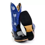 Bota Texana Masculina Couro Legítimo Bovino Tubarão Preto e Fly Azul Flecha Salto Carrapeta