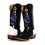 Bota Texana Couro Legítimo Látego Preto e Branco Cocar Roxo Salto Carrapeta