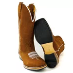 Bota Texana Masculina Couro Legítimo Nobuck Batido Florão Branco Salto Carrapeta