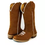 Bota Texana Masculina Couro Legítimo Nobuck Batido Florão Branco Salto Carrapeta