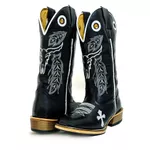 Bota Texana Masculina Couro Legítimo Látego Preto Bordado Boi e Cruz Salto Carrapeta