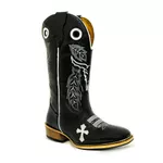 Bota Texana Masculina Couro Legítimo Látego Preto Bordado Boi e Cruz Salto Carrapeta