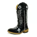 Bota Texana Masculina Couro Legítimo Látego Preto Bordado Boi e Cruz Salto Carrapeta