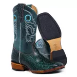 Bota Texana Masculina Bico Quadrado Couro Bovino Jacaré Envelhecido Café e Mustang Verde Salto Carrapeta