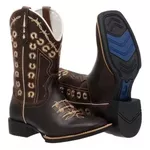 Bota Texana Country Couro Legítimo Bico Quadrado Solado de Borracha Couro Nobuck Café