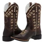 Bota Texana Country Couro Legítimo Bico Quadrado Solado de Borracha Couro Nobuck Café