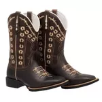 Bota Texana Country Couro Legítimo Bico Quadrado Solado de Borracha Couro Nobuck Café