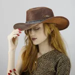 Chapéu Unissex Estilo Americano em Couro Legitimo Fóssil cor Sela Com Detalhe Metalizado Linha Eldorado Kapell 