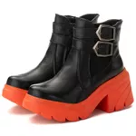 Bota Chelsea Feminina Cano Baixo Tratorado Couro Legitimo Preto Laranja