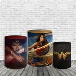 Kit Painel De Festa Mulher Maravilha 3 Redondo + Trio De Cilindros Em Tecido