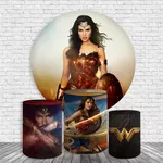 Kit Painel De Festa Mulher Maravilha 3 Redondo + Trio De Cilindros Em Tecido