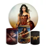 Kit Painel De Festa Mulher Maravilha 3 Redondo + Trio De Cilindros Em Tecido