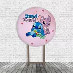 Kit Painel De Festa Stitch Alien Azul E Rosa Redondo + Trio De Cilindros Em Tecido