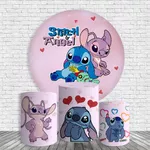 Kit Painel De Festa Stitch Alien Azul E Rosa Redondo + Trio De Cilindros Em Tecido