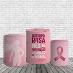 Kit Painel De Festa Outubro Rosa Redondo + Trio De Cilindros Em Tecido