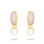 Brinco Argola Semijoia Banho De Ouro 18k Com Cravação De Zircônias e Pérola Shell Branca Com Detalhe Em Ródio
