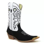 Bota Texana Masculina Couro Nobuck Preto e Floater Branco Com Ponteira - Silverado Botas