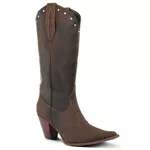 Bota Texana Feminia Couro Crazy Horse Café Com Strass - Silverado Botas