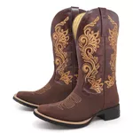 Bota Texana Feminina Couro Nobuck Tabaco e Fóssil Tabaco - Silverado Botas
