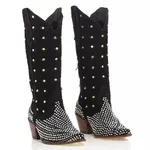 Bota Texana Feminina Couro Nobuck Preto Com Detalhes Strass e Hotifix - Silverado Botas