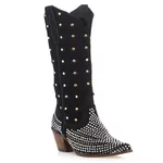 Bota Texana Feminina Couro Nobuck Preto Com Detalhes Strass e Hotifix - Silverado Botas