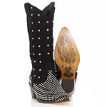 Bota Texana Feminina Couro Nobuck Preto Com Detalhes Strass e Hotifix - Silverado Botas