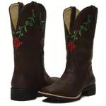 Bota Texana Feminina Couro Fossil Cafe Bordado Rosas - Silverado Botas