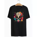 Camiseta Preta Estampa Frente Caveira Mexicana Flores Coloridas 
