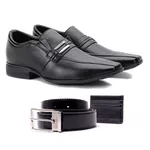 Kit Sapato Social Vision Siena Em Elástico com Gravata Preto Com Cinto e Porta-cartões