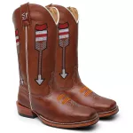 Bota Texana Masculina Bordado Flexa Country em Couro Legítimo Bico Quadrado Salto Carrapeta