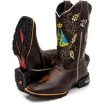 Bota Texana Masculina Bordado Nossa Senhora country em Couro Legítimo Bico Quadrado 