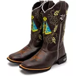 Bota Texana Masculina Bordado Nossa Senhora country em Couro Legítimo Bico Quadrado 