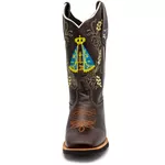 Bota Texana Masculina Bordado Nossa Senhora country em Couro Legítimo Bico Quadrado 