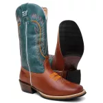 Bota Texana Masculina Bordado country em Couro legitimo Bico Quadrado Salto Carrapeta 