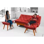 Sofá Cama Courino Vermelho Caribe Reclinável + Duas Banquetas