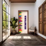 Capa De Porta Em Tecido Sublimado 2,0x0,8m C/ Elástico Decoração Tema Volta as Aulas Colorido Decoração Infantil