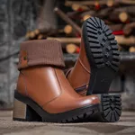 Bota Coturno Feminino Com Cano De Meia Canelada E Salto Médio ELT 9731B- Castanho