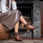 Bota Coturno Feminino Com Cano De Meia Canelada E Salto Médio ELT 9731B- Castanho