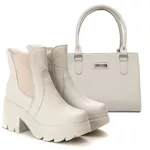 Kit Bota Botinha Coturno E Bolsa Lorena Couro Legítimo Off-White