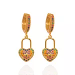 Brinco Argola Coração Cadeado Colorido Banho de Ouro 18K