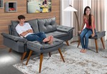 Sofá 3 Lugares Cinza Bariloche Suede Com Duas Banquetas