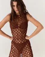 VESTIDO HANNA MIDI MACRAME MARROM 