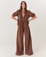 CALÇA ALFAIATARIA PANTALONA DE LINHO MARROM VICKY