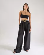 CALÇA ALFAIATARIA PANTALONA DE LINHO PRETA VICKY