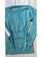 Tricot Manga Longa Perolas Azul 