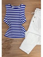 Blusa Regata Canelada Com Listras Azul Escuro 