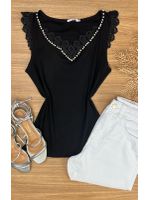 Blusa Regata Detalhe Pérolas e Guipir Preta
