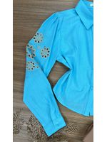 Camisa Manga Bordada Azul